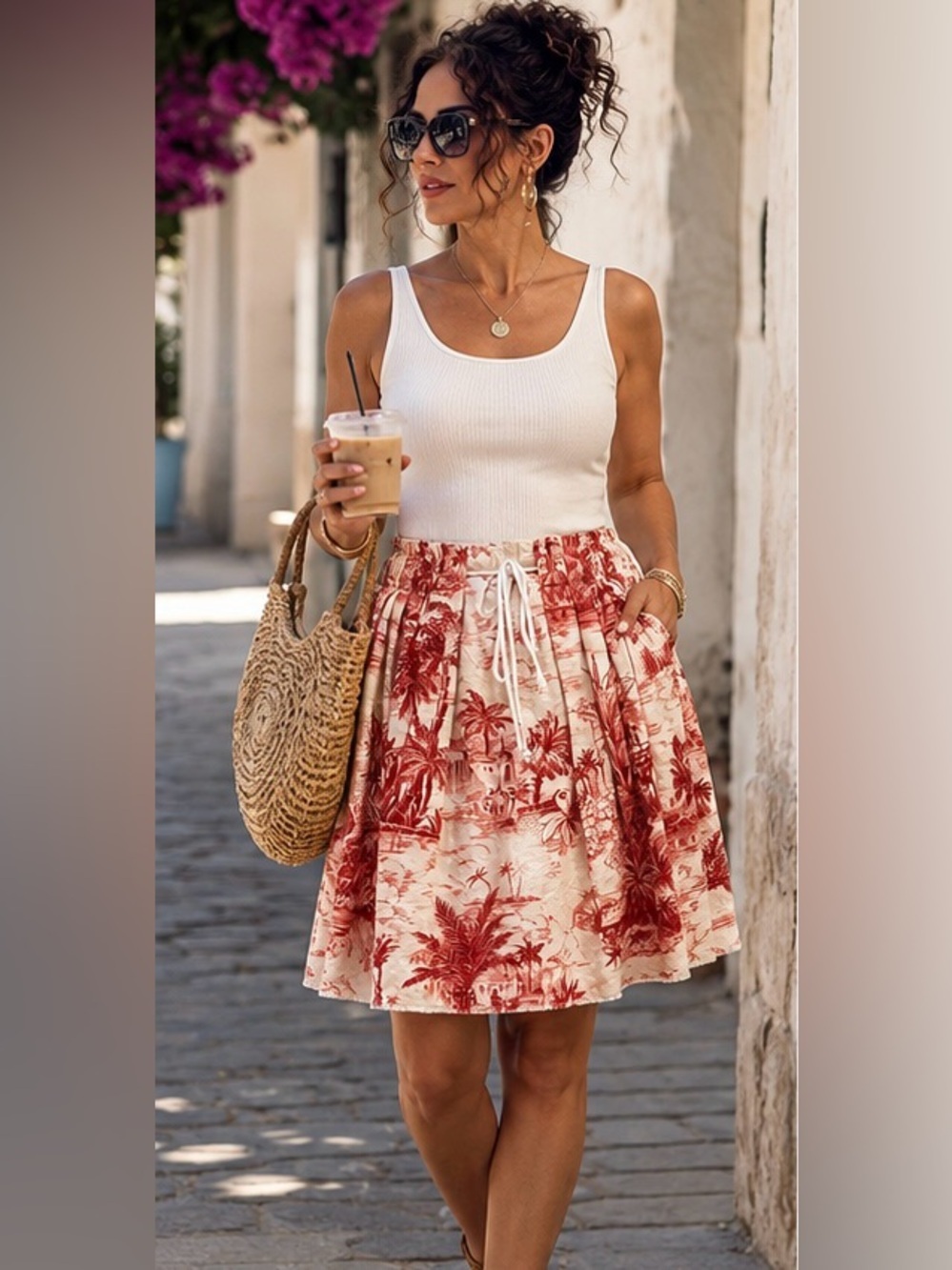 Handmade Tropical Toile Print Mini Skirt Elastic Waist Coastal Resort Size OS